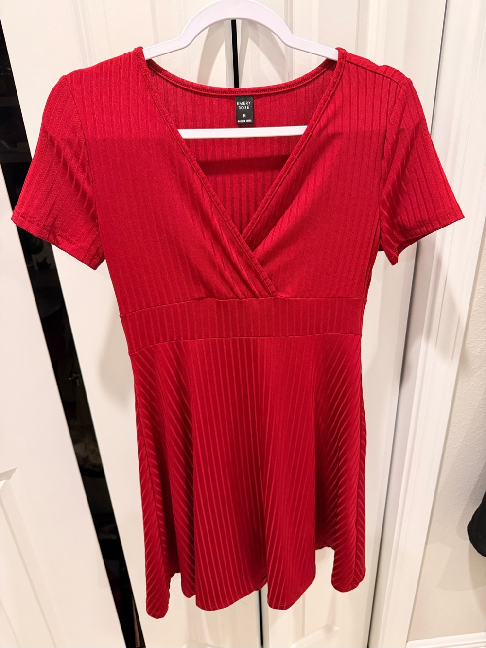 Emery Rose Red Ribbed Wrap-Front Mini Dress